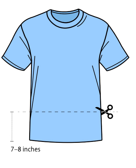 image of a t-shirt laying flat, indicating where to make a cut for a DIY mask