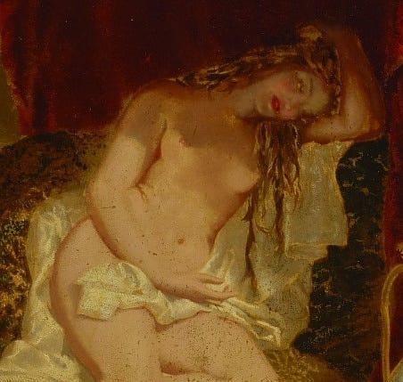 A nude woman leaning her head against her bent arm, seated on yellow drapery