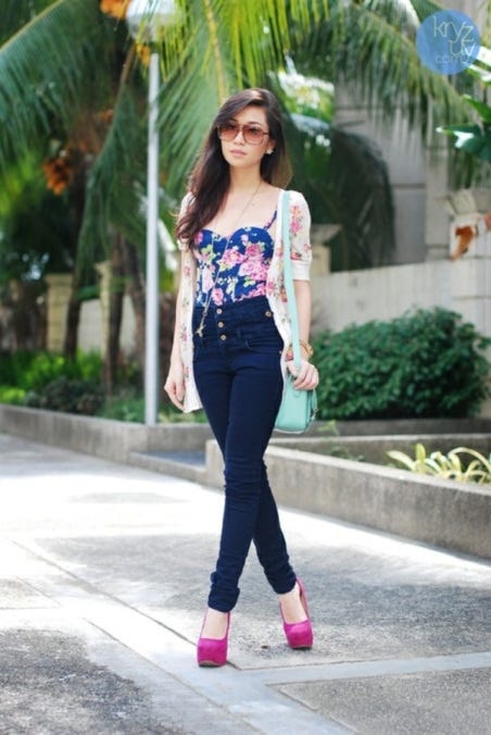 high-waisted denim with corset top