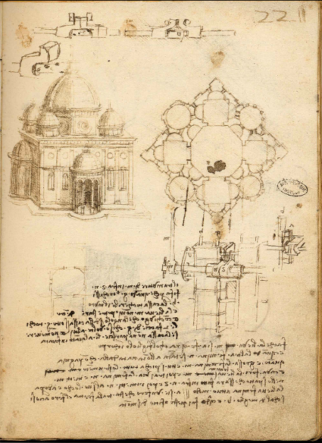 Leonardo, Studies of centralized churches and notes on technology, Manuscript B, folio 22r, Paris, Institut de France