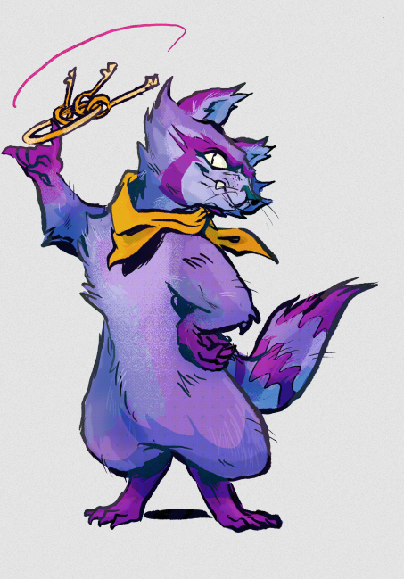 A purple raccoon in a yellow bandana looks to the right with a smirk while twirling a set of keys