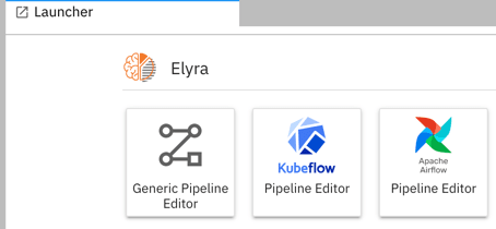 close up of Elyra interface showing the three editors: the generic pipeline editor, the kubeflow pipeline editor, and the apache airflow pipeline editor