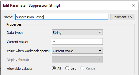 How to set up a string parameter to set the suppression character.