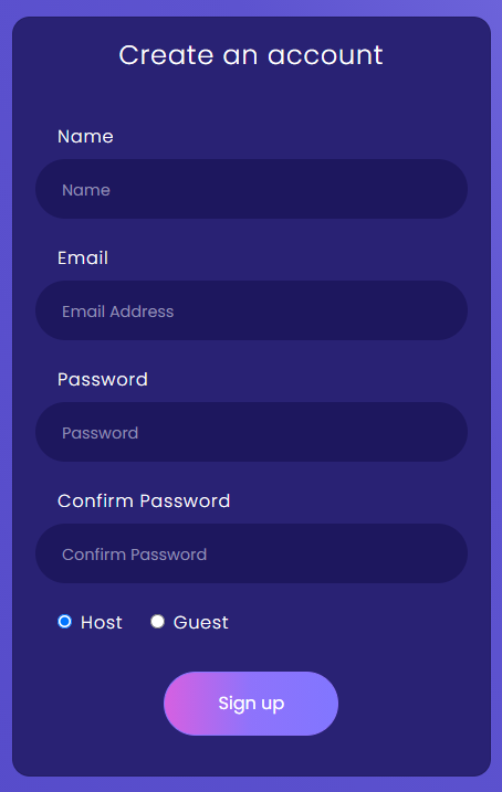 Form to create a host account on televort.com