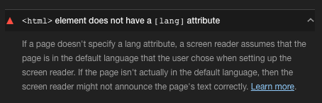 Screenshot of test. “<html> element does not have a [lang] attribute”