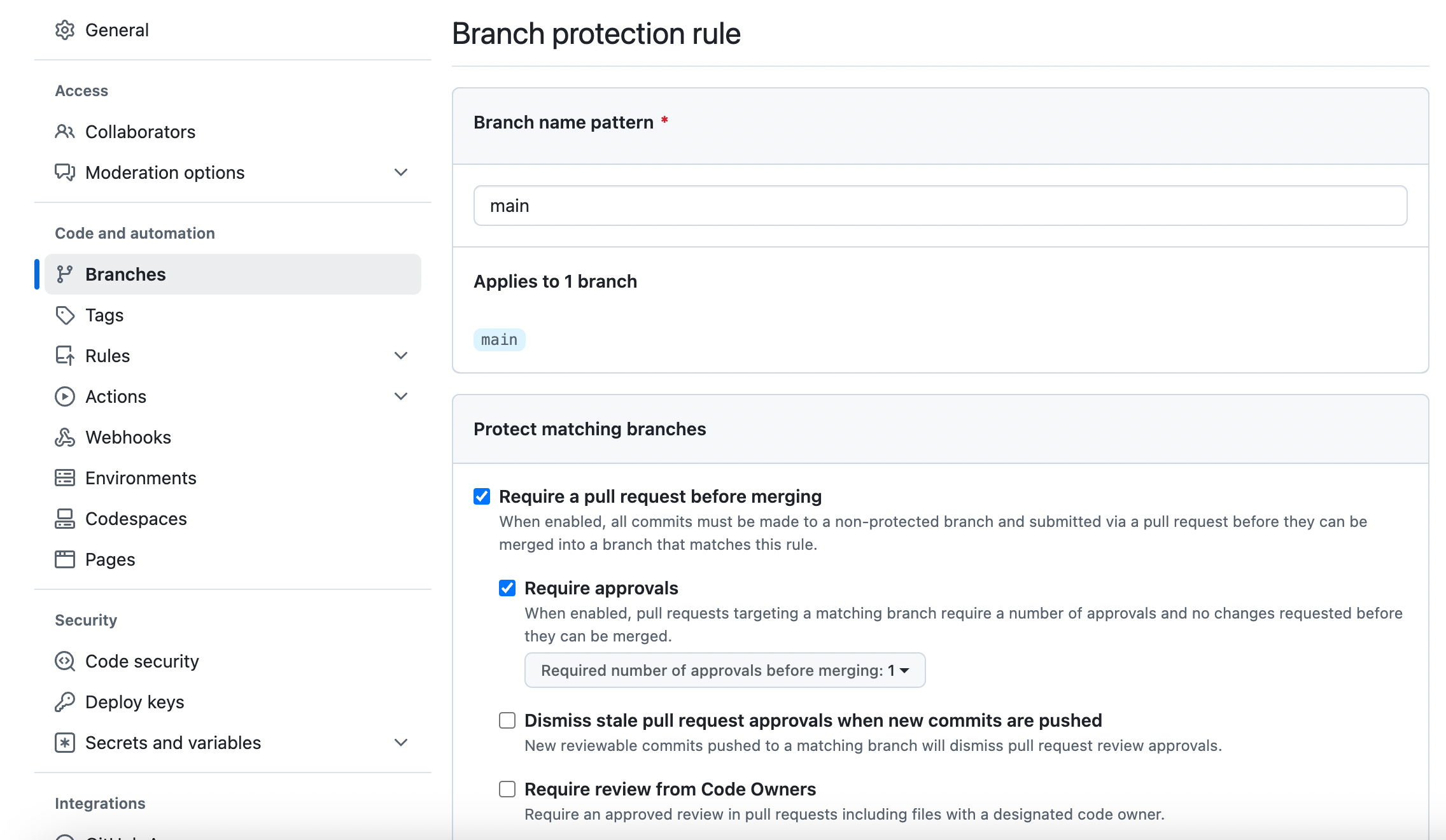 Branch protection rules screenshot