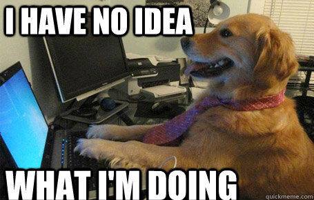 Un perro con corbarta está tipeando en el computador. Sobre la imagen hay un texto que dice “no tengo idea lo que estoy haciendo”