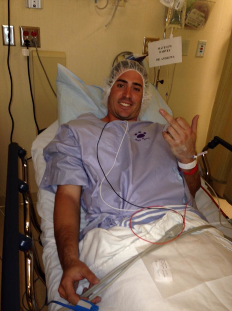 Former New York Mets starting pitcher Matt Harvey poses with his middle finger prior to undergoing Tommy John Surgery.