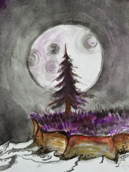 watercolour painting of a solitary tree on a bluff overlooking the ocean with a full moon behind it