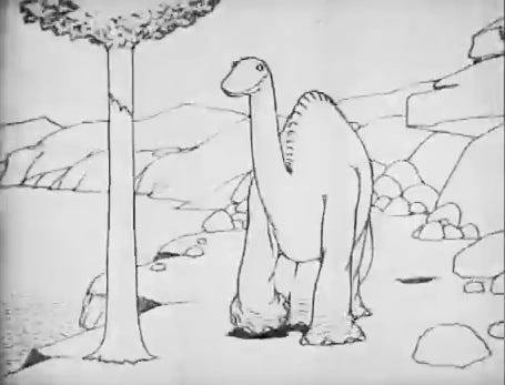 A still frame of the cartoony “Gertie the Dinosaur” from Winsor McCay’s animated short film