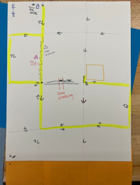 Paper map with route highlighted and various obstacles drawn.