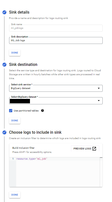 Log Router Sink Details for pushing data to BQ directly