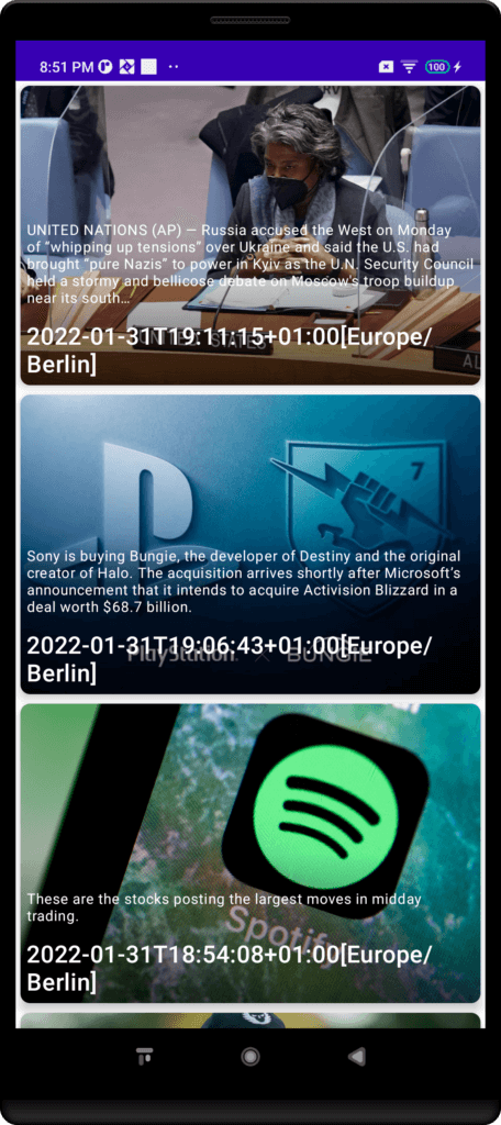 News app with the ISO 8601 timestamps converted into CEST | Phrase