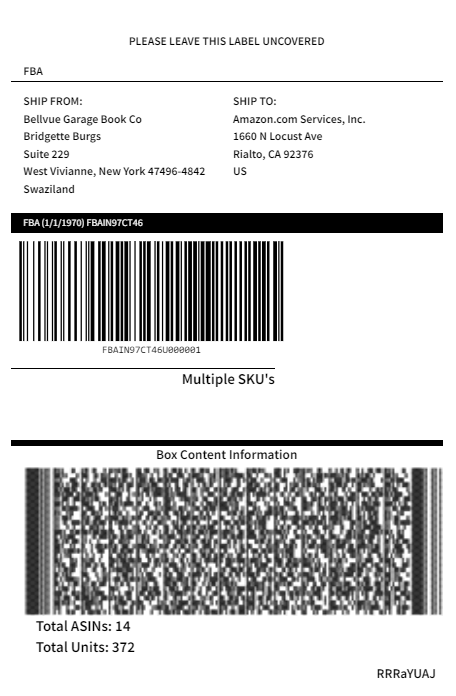 Amazon FBA box content label with 2D barcode