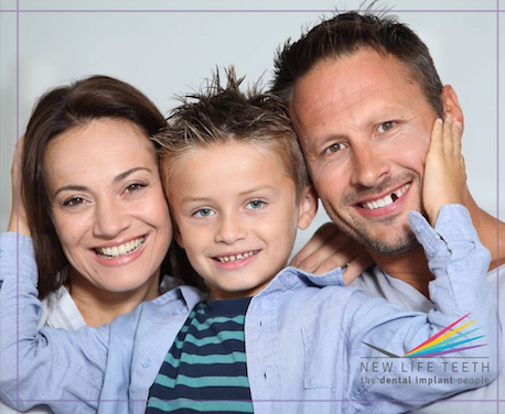 A family of three. The dad on the right has a missing tooth and a missing eyebrow.