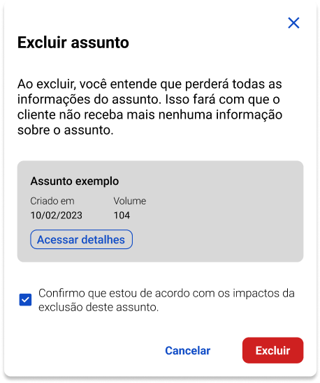 Na imagem: um modal de confirmação de exclusãoo, composto por título, conteúdo explicativo sobre as consequencias da exclusão, resumo do que será excluído — com a opção de acessar detalhes via botão — , checkbox de confirmação sobre os impactos da exclusão, e botões de cancelar de excluir (sendo o de excluir, na cor vermelha).