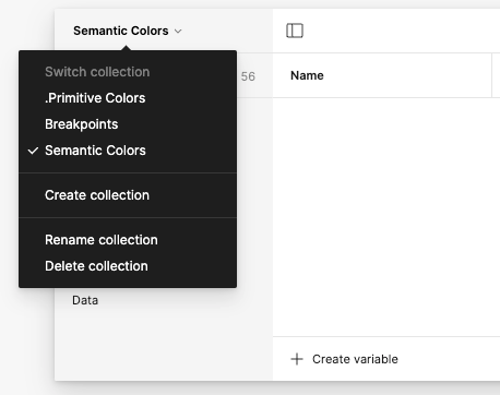Image showing the Semantic color collection in the local variables in Figma