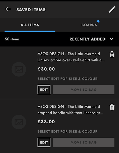 A screenshot of the ASOS Android app on the Saved Items page, with two product listings showing without a product image available