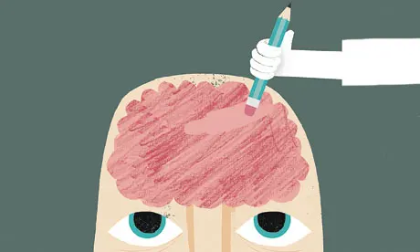 A cartoon image of a brain being erased by the eraser of a pencil