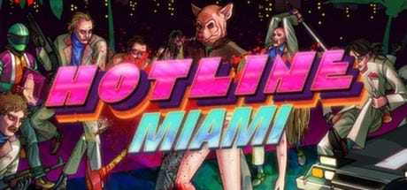 Hotline Miami promo artwork, featuring several the main character wearing a pig’s head mask.