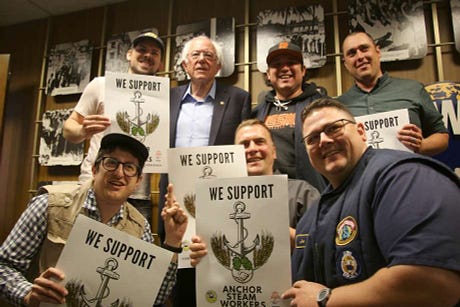 Bernie with Anchor Union workers at ILWU headquarters, October 2019.