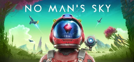 There is a humanoid with a space helmet on looking towards the viewer with airplanes behind. No Man’s Sky is written on top