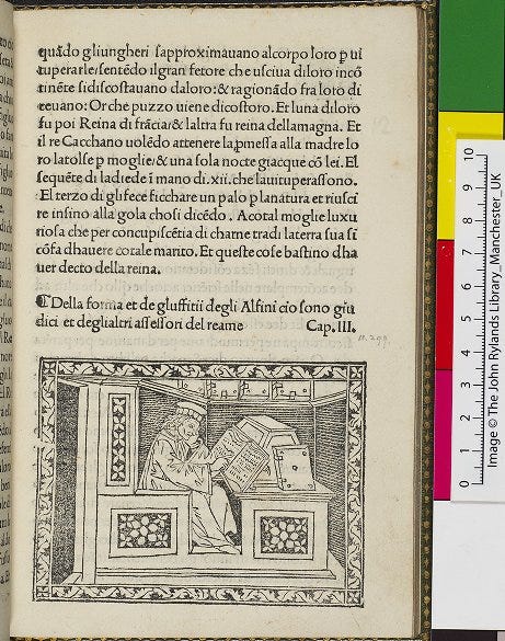 Page written in Italian. The lower half contains a wood cut engraving of a man reading at a desk.