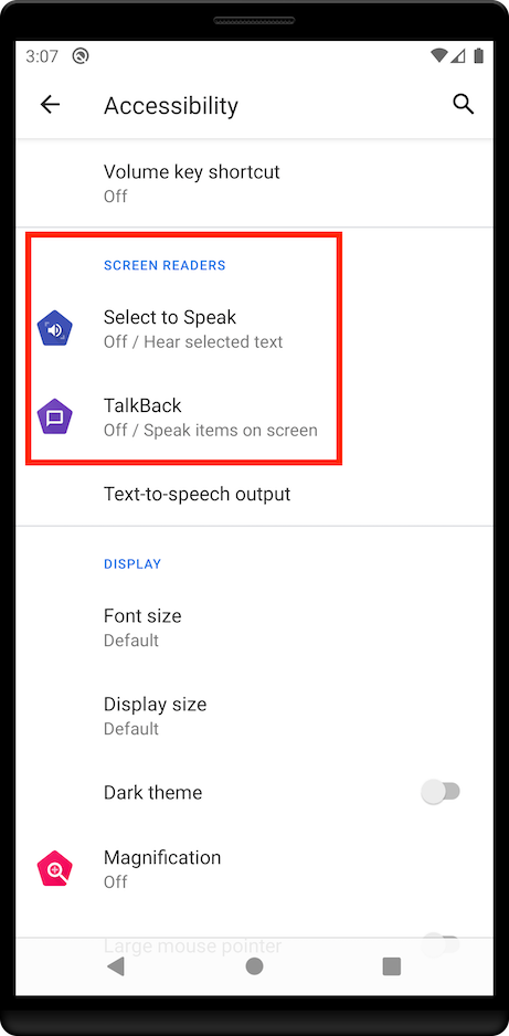 Android accessibility settings screen
