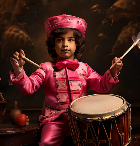 A drummer boy dressed in pink