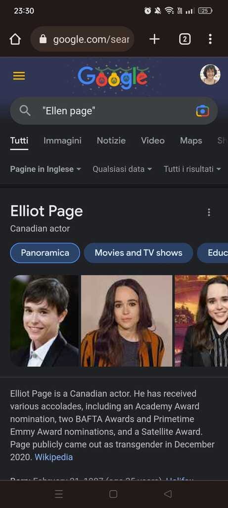 Google results for Ellen Page, deadname of Elliot Page. When looking for “Ellen Page”, the name shown is “Elliot”, but 2 out of 3 photos are pre-transition.