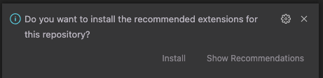 Popup of VSCode recommending extensions to install