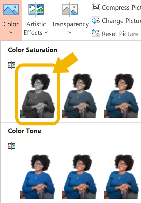 Screenshot indicating which colour option to select to desaturate an image to balck and white