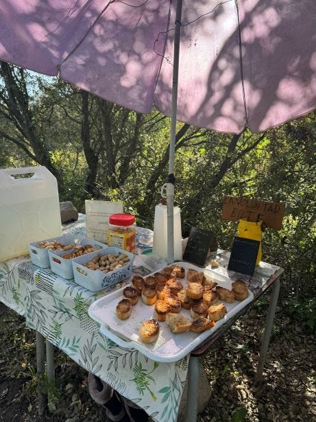 Shows a little table with a snack provided by local people along the Camino
