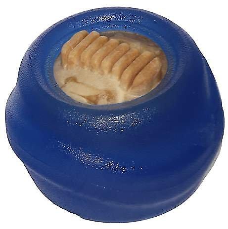 Blue plastic round toy with brown treat in the middle.