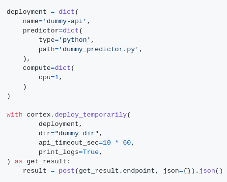 Code snippet of deployment using Cortex Serving Client