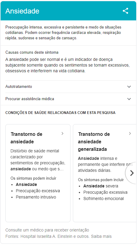 Quadro (chamado snippet) dos resultados de busca ao procurar por “Ansiedade”, com definição, causas e condições relacionadas.