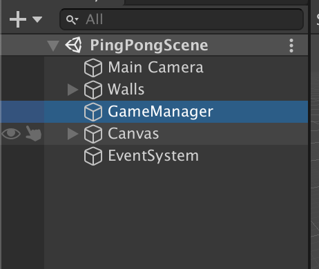 Find Game Manager in the PingPong Hierarchy so you can set Unity to connect to the locally hosted server