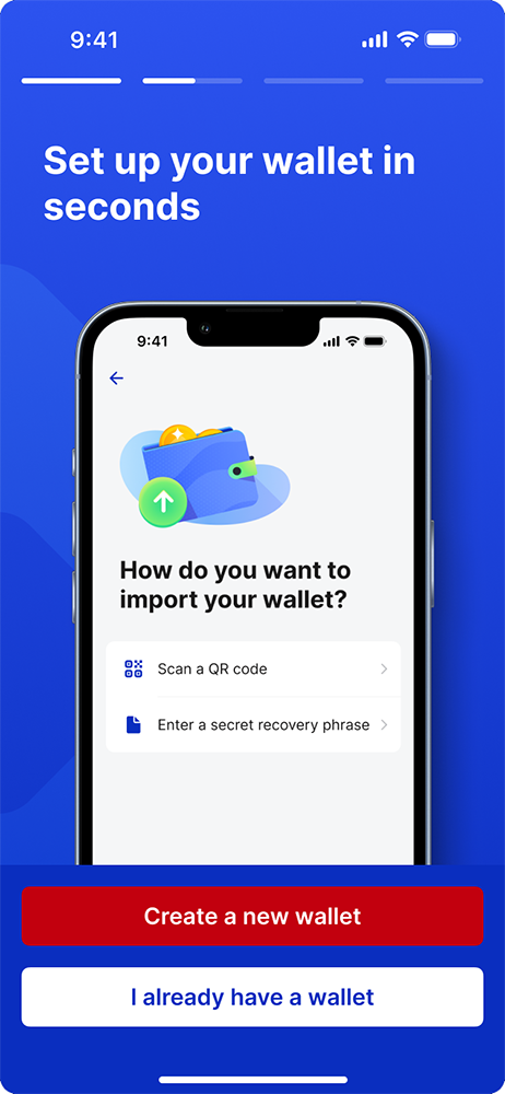 Screenshot of the Casper Wallet onboarding experience where the user is prompted to import their wallet
