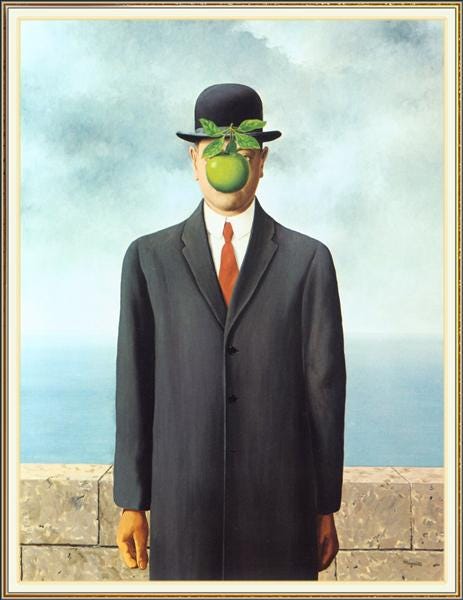 A man who stands up with a green apple face