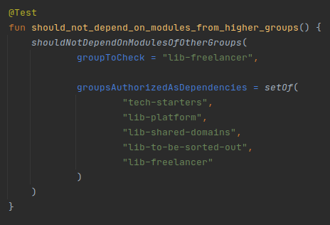 A unit test written in Kotlin + Junit5 declaring that a certain group of modules may only depend on specific other groups.