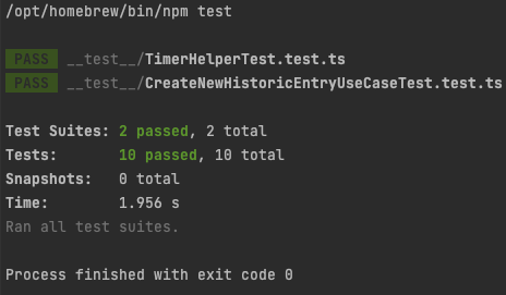 An output screenshot showing two test suites (TimerHelperTest, and CreateNewHistoricEntryUseCaseTest). The result are showing 2 test suites passed, and 10 unit tests passed. The time spent to run the tests was 1.9 seconds. There is no test failing.