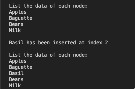 Display console output of calling insertAt groceryList method