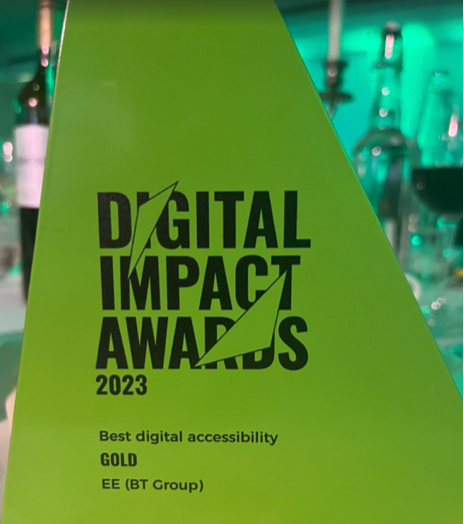 Digital Impact Awards 2023 — Gold Best Digital Accessibility: The trophy is green and in a triangular shape.