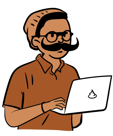 A fantstic dude with a mustache, holding a laptop.