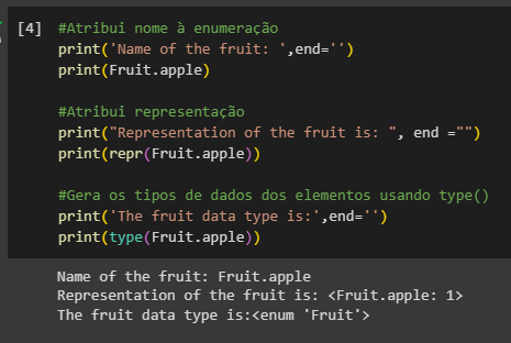 Exibir os valores, representações e tipos de frutas na lista