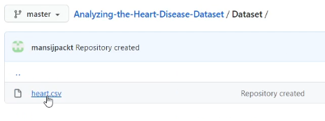 Screen capture shows a cursor pointing out a link to the data file, from within the repository’s “Dataset” subdirectory.