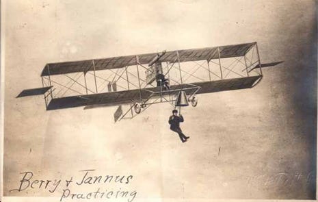 Parachutist Albert Berry perched beneath pilot Tony Jannus. Photo Credit: Jefferson Barracks Heritage Foundation via The Smithsonian