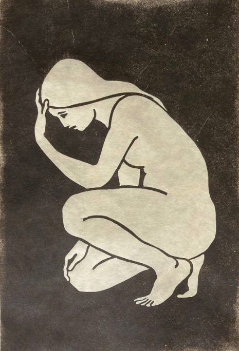 The nymph Calypso / lino print of a naked woman in a thinking pose