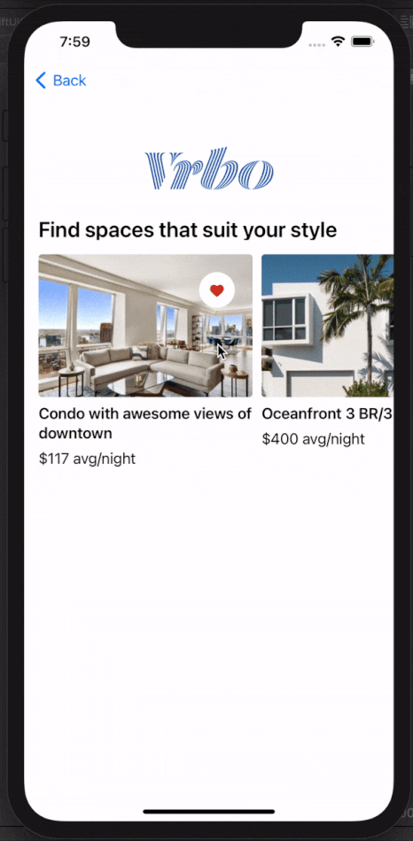 Animated gif showing that when the heart button it is tapped, the property details modal is not presented.