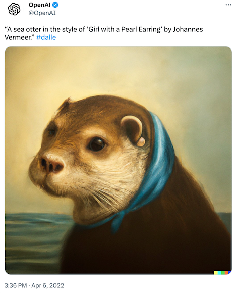 Image generated based on the input “A see otter in the sytle of ‘Girl with a Pearl Earring’ by Johannes Vermeer.”